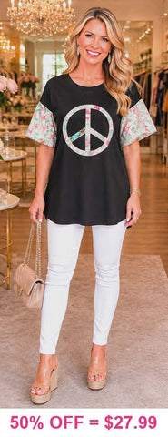 Peace sign floral fabric puff sleeve black top