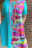 Turquoise Dress with sequins and multi color leopard