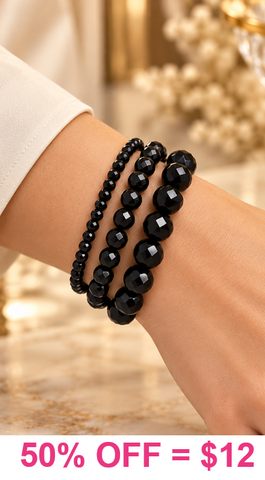 Black Crystal Stretch Bracelets - 3 piece set