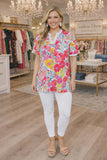 M, L, 3X Floral Top With Light Blue Striped Ruffle Trim - Loose Fit