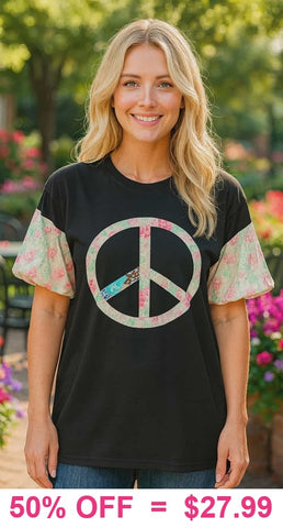 Peace sign floral fabric puff sleeve black top