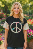 Peace sign floral fabric puff sleeve black top