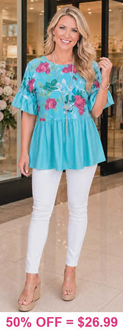Turquoise Floral Baby Doll Top