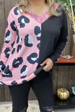 S, L, 2X, 3X Pink Leopard & Black long sleeve top with sequins