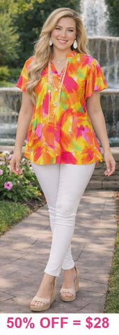 Orange, Pink, Yellow flutter sleeve top