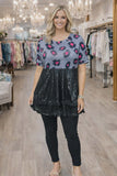 Black Sequin Baby Doll Top With Grey & Pink Leopard