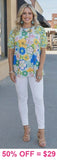 S, M, L,2X, 3X Blue & Yellow floral blouse with lace details