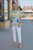 S, M, L,2X, 3X Blue & Yellow floral blouse with lace details