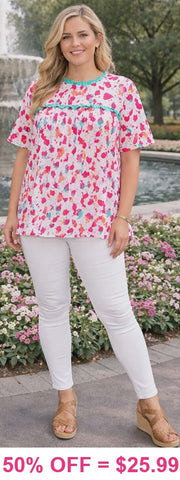 Pink Spotted Print Top With Turquoise Trim
