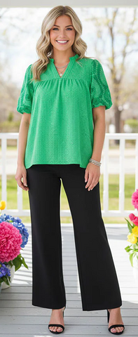 S, XL : Green embroidery puff sleeve blouse