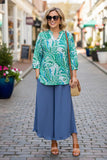 S, M, L, 2X, 3X  Green paisley v-neck top