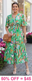 S-M-L-2X : Green print dress chiffon with lining