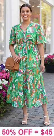 S-M-L-2X : Green print dress chiffon with lining