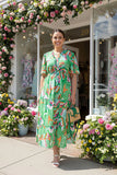 S-M-L-2X : Green print dress chiffon with lining
