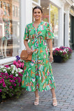 S-M-L-2X : Green print dress chiffon with lining
