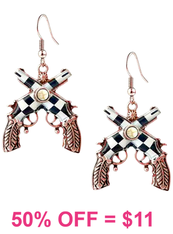 Checkered double pistol earrings - Copper tone with cream stone