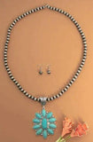 Long Silver Navajo Pearl Necklace with Large Turquoise flower concho pendant