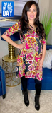 S,M,L: Magenta Floral & Black Flutter Dress with Criss Cross Neck