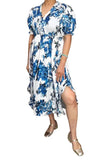 Blue & White floral dress with ruffle side slit