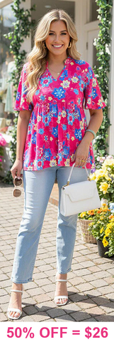 Pink baby doll top blue floral print