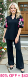 M, 3X : Black top with pink floral embroidery sleeve