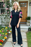 M, 3X : Black top with pink floral embroidery sleeve