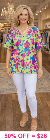 Lime & Purple Floral Top With Ruffle Sleeves
