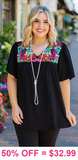 M, L. 3X Black Blouse With Beautiful Colorful Embroidery