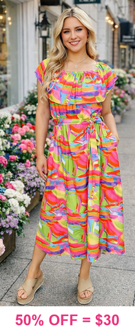 S, M, L, XL : Colorful Belted Maxi Dress