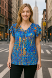 Blue Multi Color Printed Top With Cap Ruffle Sleeves