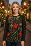 Holiday Floral top with Black lace sleeves