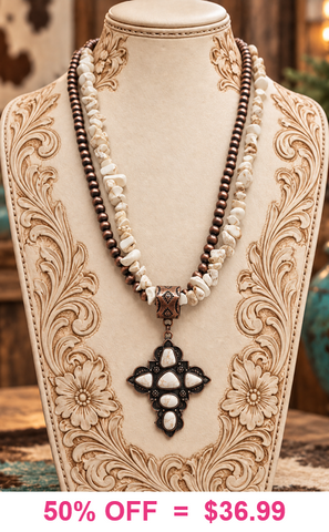 Cream Cross Pendant Necklace with Double Strand chip beads & Copper Navajo pearls