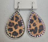 Silver trim leopard teardrop bling earrings