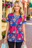 Blue & Pink Printed Top With Criss Cross Neck