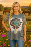 Tribal & TQ Concho Graphic Top With Leopard Sleeves