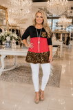 S/M : Black, Coral, and Leopard Color Block Flutter Tunic with Pocket
