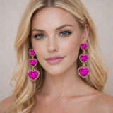 Fuchsia Pink heart triple dangle earrings