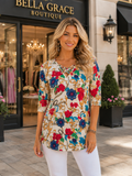 White Top With Floral & Scroll Print Criss Cross Neck