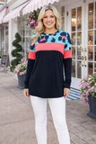 3X : Turquoise & Coral leopard black top