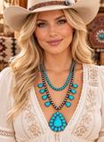 Silver like Navajo Pearl Double Strand Necklace with Turquoise color triangle pendants