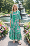 S, M, L Green & Pink print maxi tiered dress