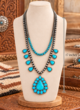 Silver like Navajo Pearl Double Strand Necklace with Turquoise color triangle pendants