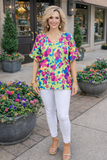 Lime & Purple Floral Top With Ruffle Sleeves