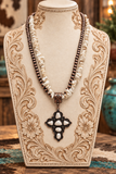 Cream Cross Pendant Necklace with Double Strand chip beads & Copper Navajo pearls