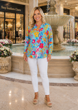 Turquoise Floral roll tab long sleeve top