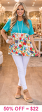 Turquoise Baby Doll Top with floral scroll print