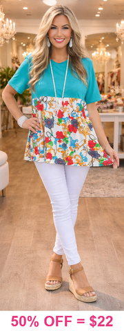 Turquoise Baby Doll Top with floral scroll print