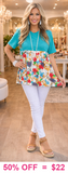 Turquoise Baby Doll Top with floral scroll print