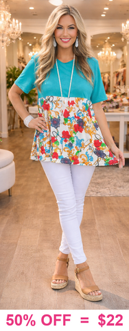 Turquoise Baby Doll Top with floral scroll print
