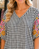 S, 3X  : Black and White Stripe blouse Embroidery Sleeve